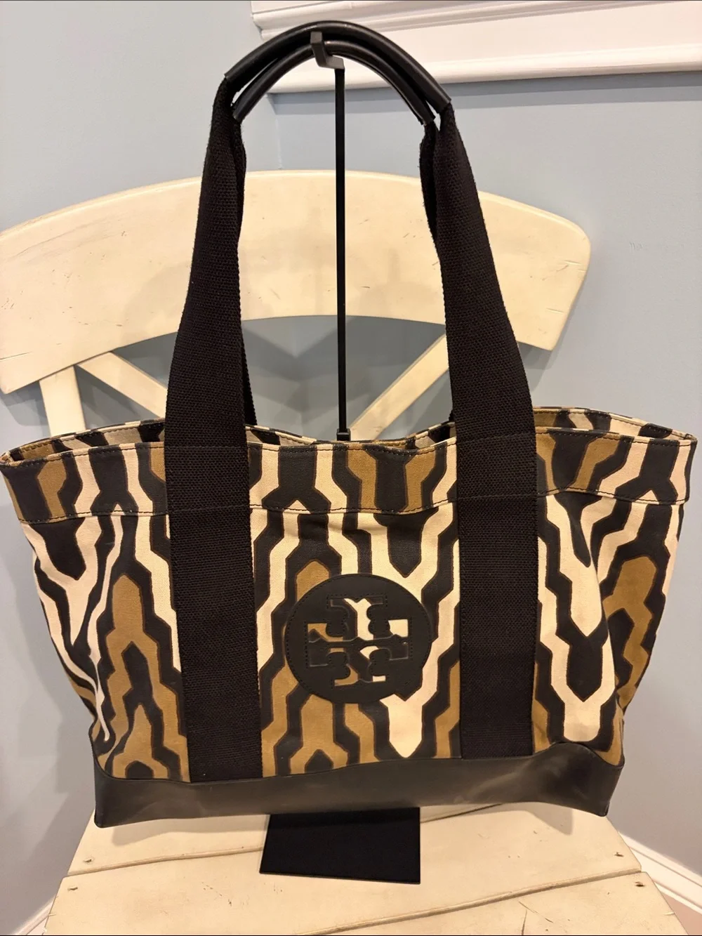 Tory Burch Ella Tote Canvas Bag in Black, Brown & Cream